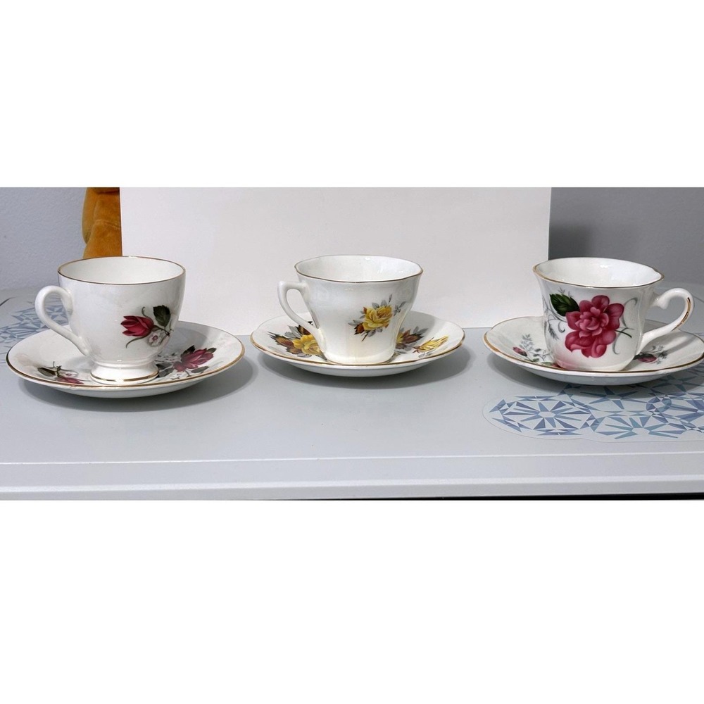 Vintage Royal Dover Bone China Floral Teacup and Saucer Sets Gold Trim Lot of 3